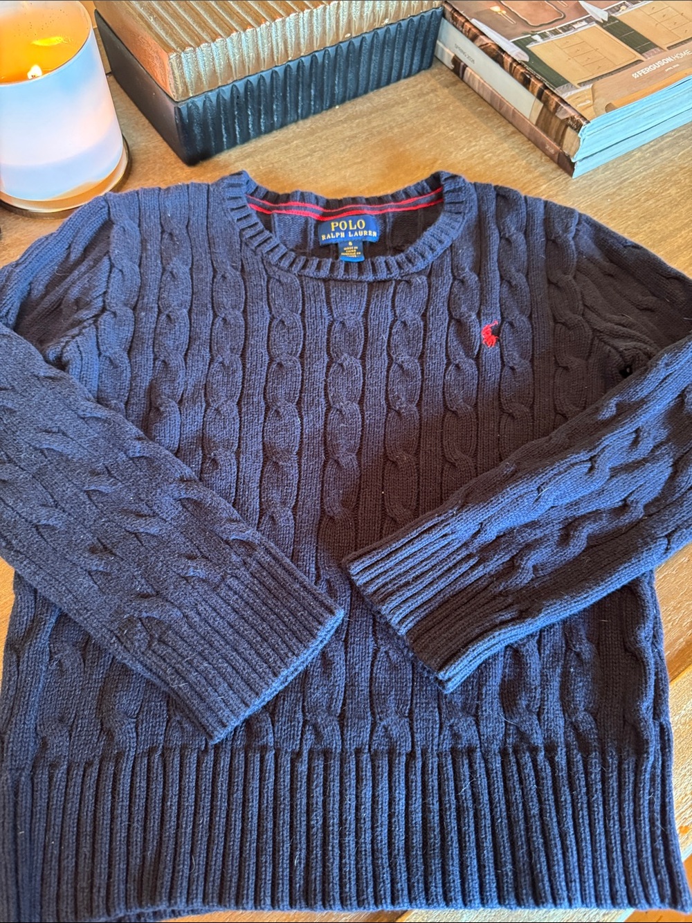 Polo by Ralph Lauren Navy Cable-Knit Crewneck Sweater with Red Pony